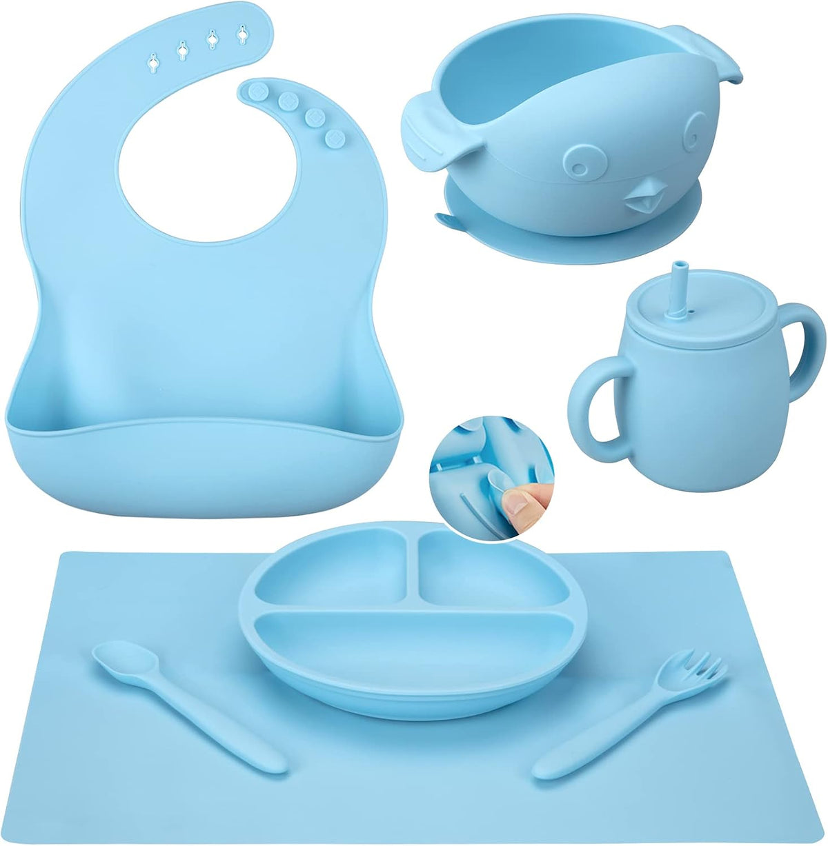 Baby Feeding Utensils Set, 7 Pcs Silicone Toddler Eating Supplies - Adjustable Bibs, Suction Divided Plate, Placemat, Suction Bowls, Straw Sippy Cup, Etc - Baby Led Weaning Supplies