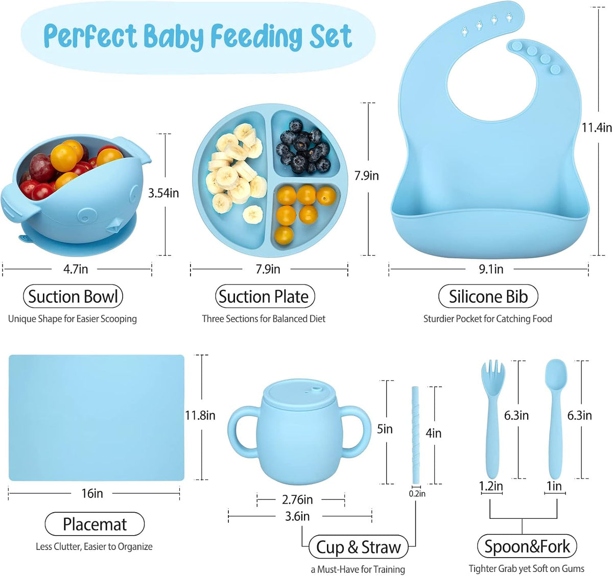 Baby Feeding Utensils Set, 7 Pcs Silicone Toddler Eating Supplies - Adjustable Bibs, Suction Divided Plate, Placemat, Suction Bowls, Straw Sippy Cup, Etc - Baby Led Weaning Supplies