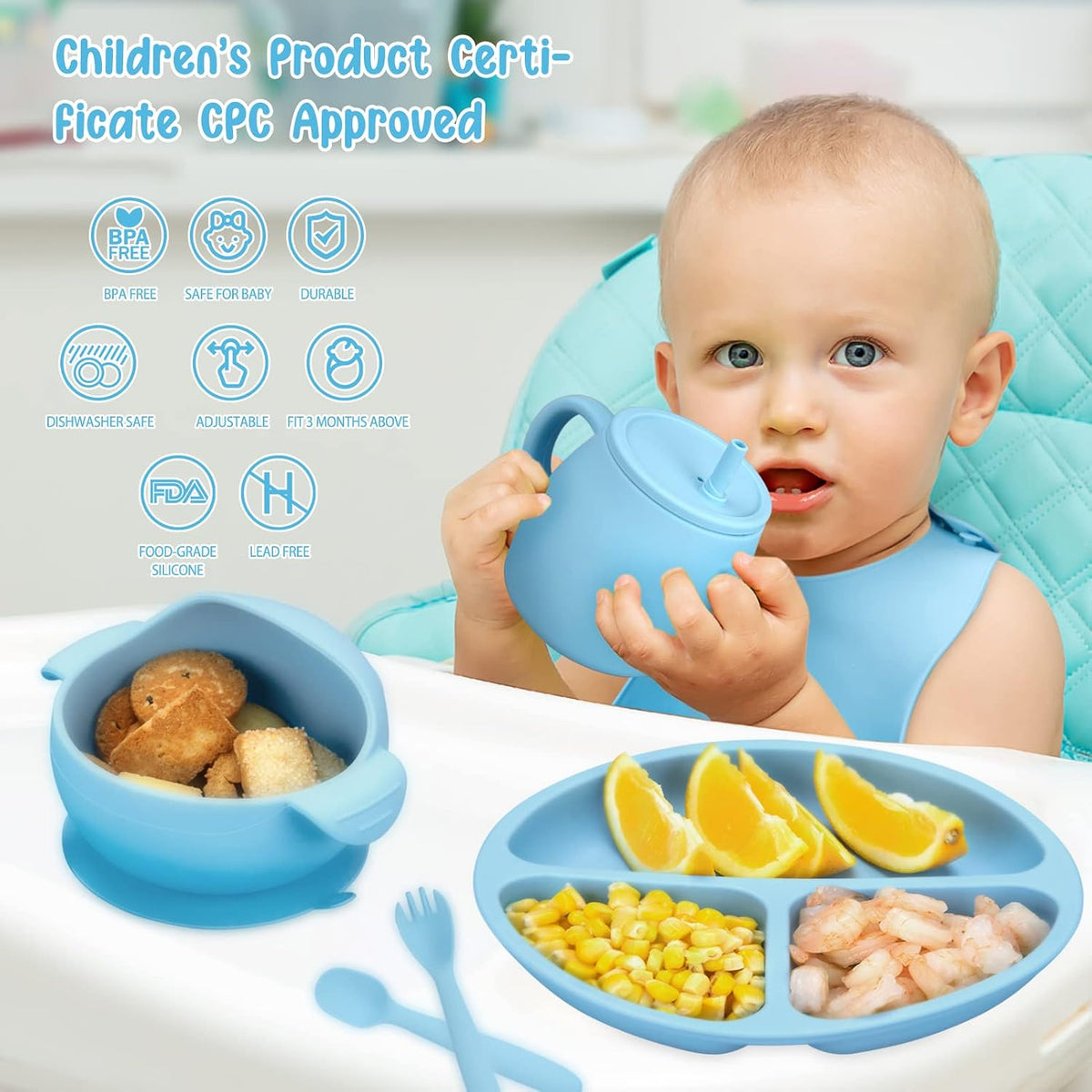 Baby Feeding Utensils Set, 7 Pcs Silicone Toddler Eating Supplies - Adjustable Bibs, Suction Divided Plate, Placemat, Suction Bowls, Straw Sippy Cup, Etc - Baby Led Weaning Supplies