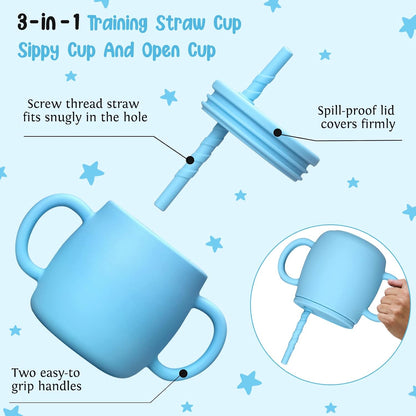 Baby Feeding Utensils Set, 7 Pcs Silicone Toddler Eating Supplies - Adjustable Bibs, Suction Divided Plate, Placemat, Suction Bowls, Straw Sippy Cup, Etc - Baby Led Weaning Supplies