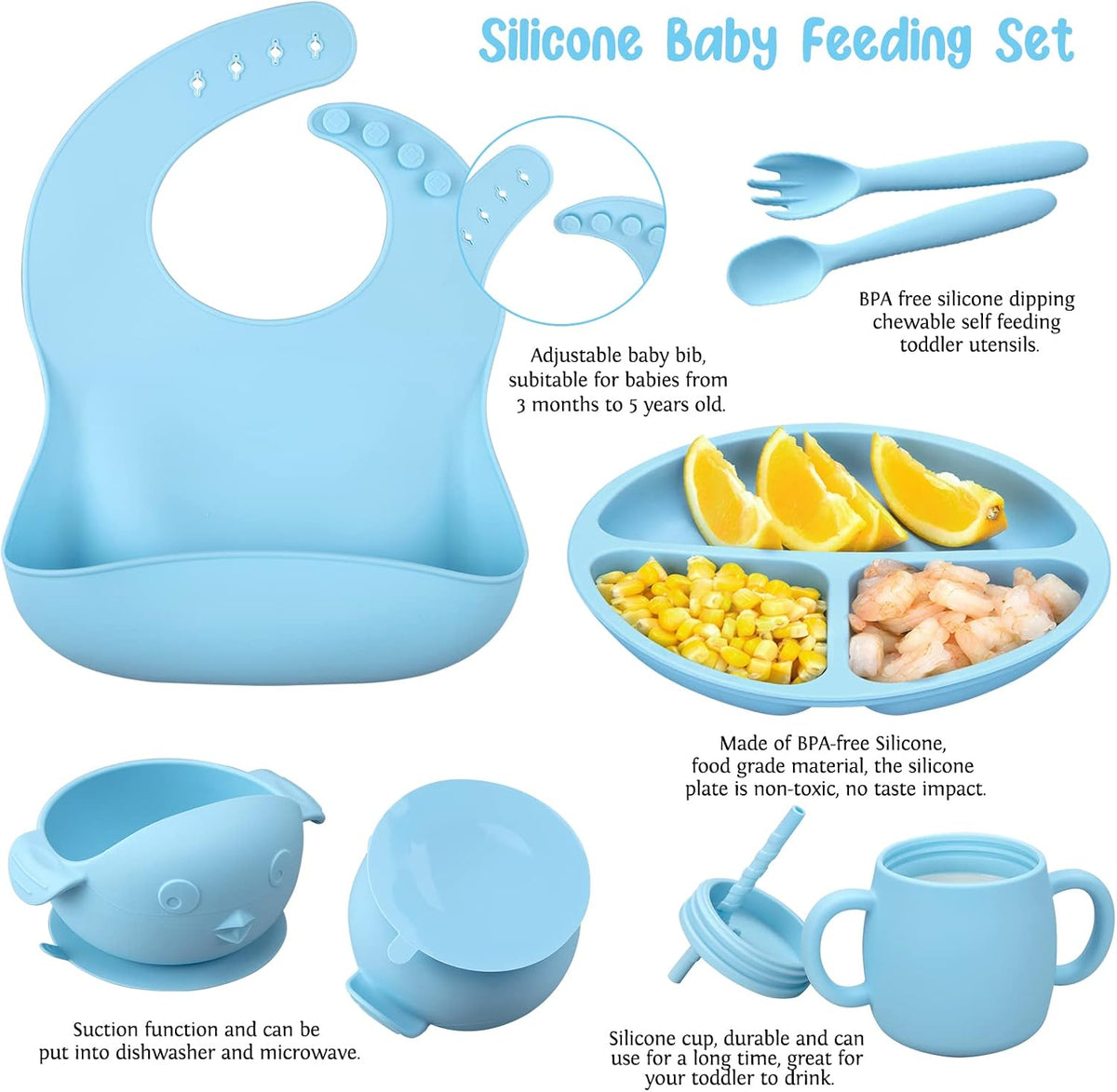Baby Feeding Utensils Set, 7 Pcs Silicone Toddler Eating Supplies - Adjustable Bibs, Suction Divided Plate, Placemat, Suction Bowls, Straw Sippy Cup, Etc - Baby Led Weaning Supplies