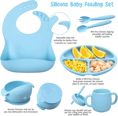Baby Feeding Utensils Set, 7 Pcs Silicone Toddler Eating Supplies - Adjustable Bibs, Suction Divided Plate, Placemat, Suction Bowls, Straw Sippy Cup, Etc - Baby Led Weaning Supplies