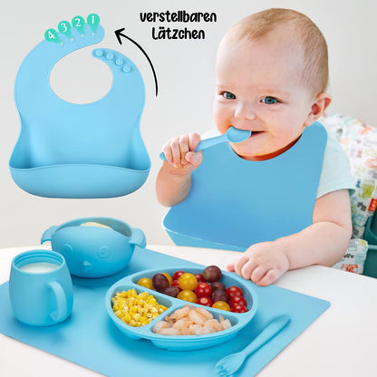 Baby Feeding Utensils Set, 7 Pcs Silicone Toddler Eating Supplies - Adjustable Bibs, Suction Divided Plate, Placemat, Suction Bowls, Straw Sippy Cup, Etc - Baby Led Weaning Supplies