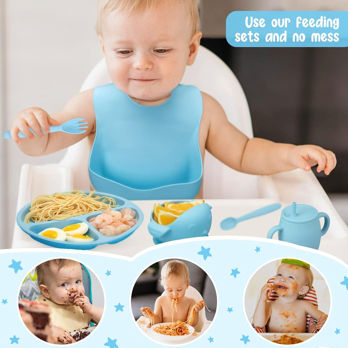 Baby Feeding Utensils Set, 7 Pcs Silicone Toddler Eating Supplies - Adjustable Bibs, Suction Divided Plate, Placemat, Suction Bowls, Straw Sippy Cup, Etc - Baby Led Weaning Supplies