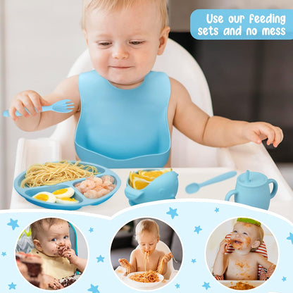 Baby Feeding Utensils Set, 7 Pcs Silicone Toddler Eating Supplies - Adjustable Bibs, Suction Divided Plate, Placemat, Suction Bowls, Straw Sippy Cup, Etc - Baby Led Weaning Supplies