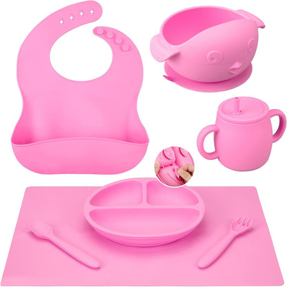 Baby Feeding Utensils Set, 7 Pcs Silicone Toddler Eating Supplies - Adjustable Bibs, Suction Divided Plate, Placemat, Suction Bowls, Straw Sippy Cup, Etc - Baby Led Weaning Supplies