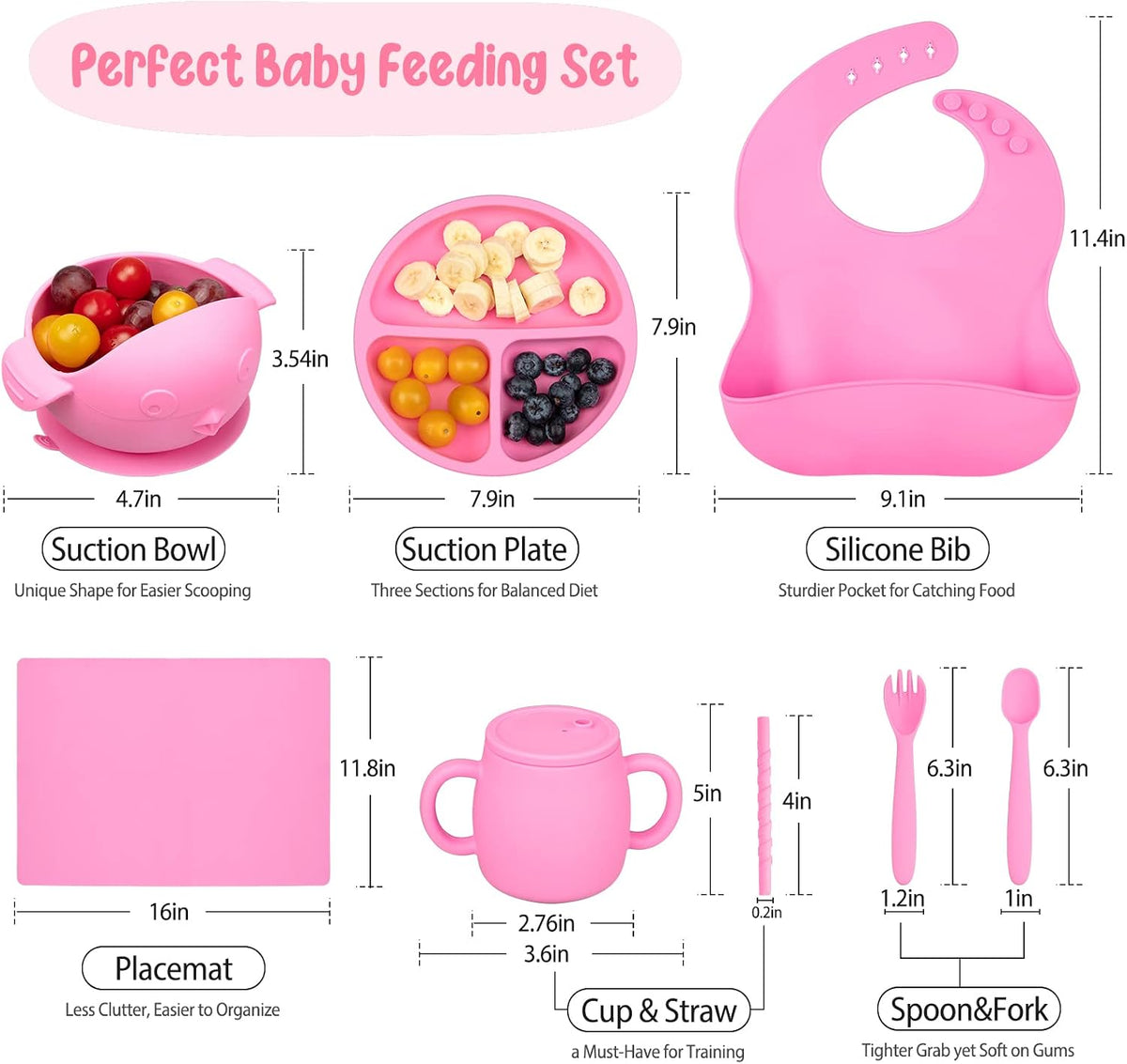 Baby Feeding Utensils Set, 7 Pcs Silicone Toddler Eating Supplies - Adjustable Bibs, Suction Divided Plate, Placemat, Suction Bowls, Straw Sippy Cup, Etc - Baby Led Weaning Supplies