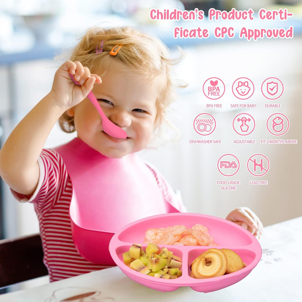 Baby Feeding Utensils Set, 7 Pcs Silicone Toddler Eating Supplies - Adjustable Bibs, Suction Divided Plate, Placemat, Suction Bowls, Straw Sippy Cup, Etc - Baby Led Weaning Supplies