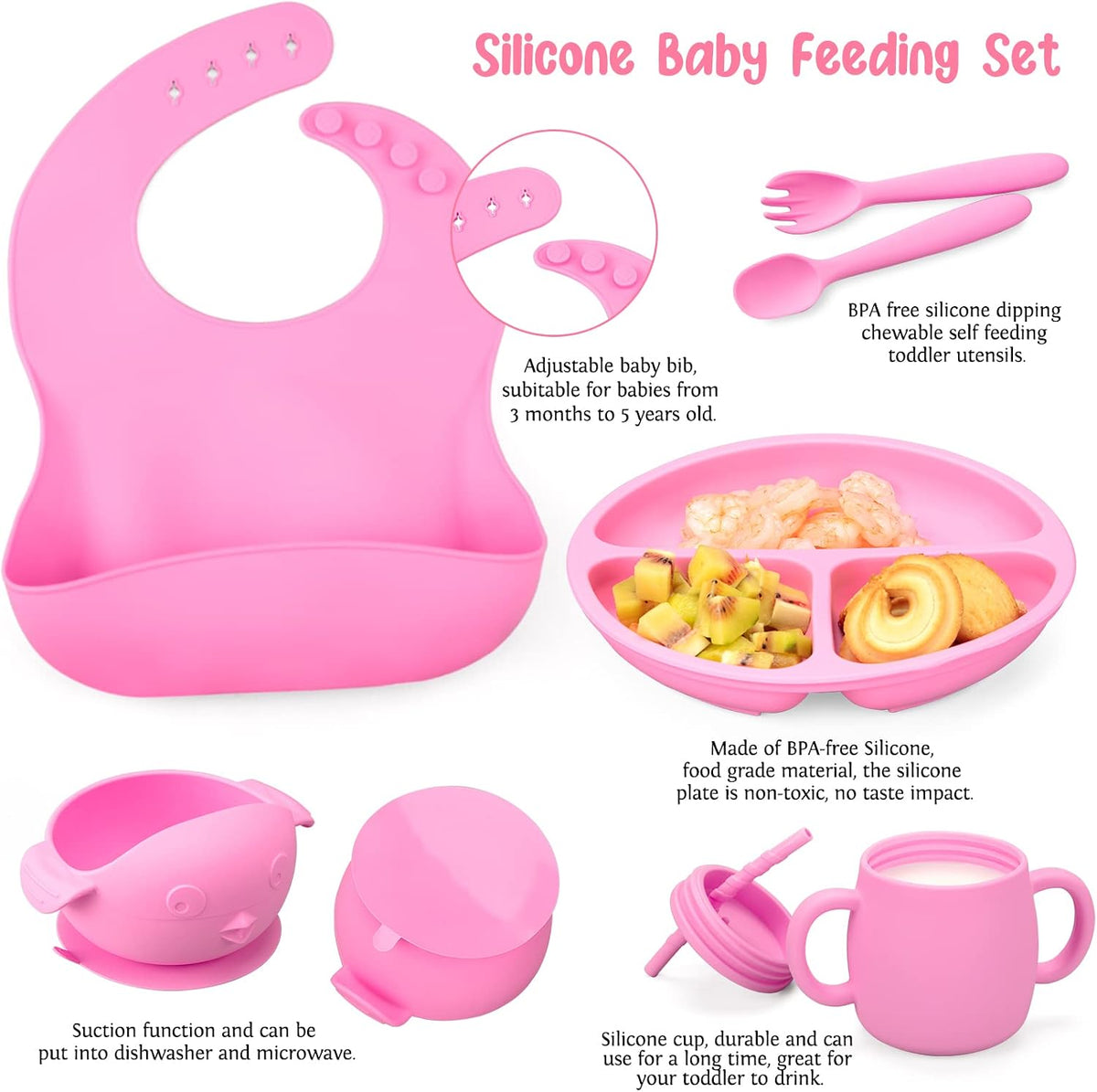 Baby Feeding Utensils Set, 7 Pcs Silicone Toddler Eating Supplies - Adjustable Bibs, Suction Divided Plate, Placemat, Suction Bowls, Straw Sippy Cup, Etc - Baby Led Weaning Supplies