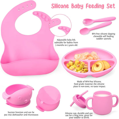 Baby Feeding Utensils Set, 7 Pcs Silicone Toddler Eating Supplies - Adjustable Bibs, Suction Divided Plate, Placemat, Suction Bowls, Straw Sippy Cup, Etc - Baby Led Weaning Supplies