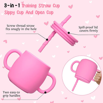 Baby Feeding Utensils Set, 7 Pcs Silicone Toddler Eating Supplies - Adjustable Bibs, Suction Divided Plate, Placemat, Suction Bowls, Straw Sippy Cup, Etc - Baby Led Weaning Supplies