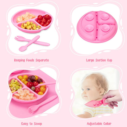 Baby Feeding Utensils Set, 7 Pcs Silicone Toddler Eating Supplies - Adjustable Bibs, Suction Divided Plate, Placemat, Suction Bowls, Straw Sippy Cup, Etc - Baby Led Weaning Supplies