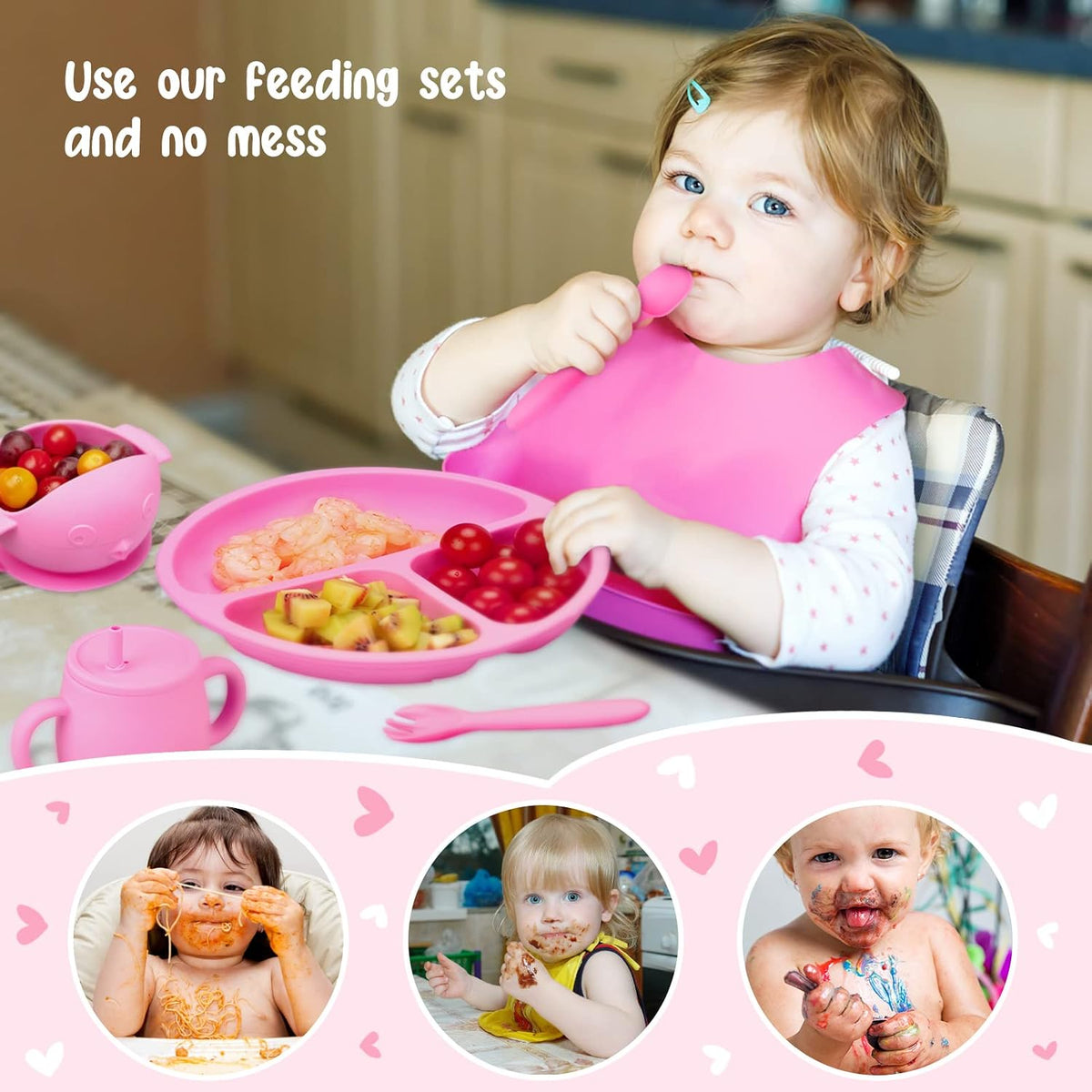 Baby Feeding Utensils Set, 7 Pcs Silicone Toddler Eating Supplies - Adjustable Bibs, Suction Divided Plate, Placemat, Suction Bowls, Straw Sippy Cup, Etc - Baby Led Weaning Supplies