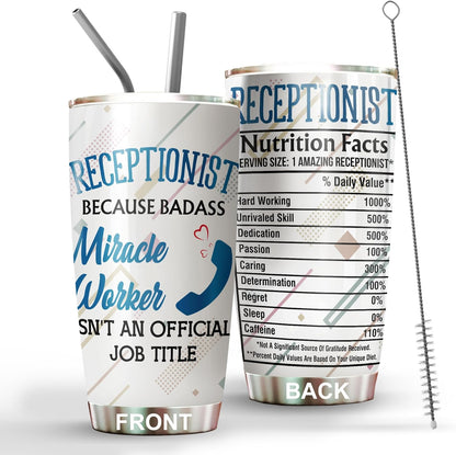 Office Tumbler Stainless Steel 20oz Straw Lid, Funny Front Desk Gifts Bulk For Birthday Christmas, National Receptionists Day Gifts For Women Men Coffee Cup