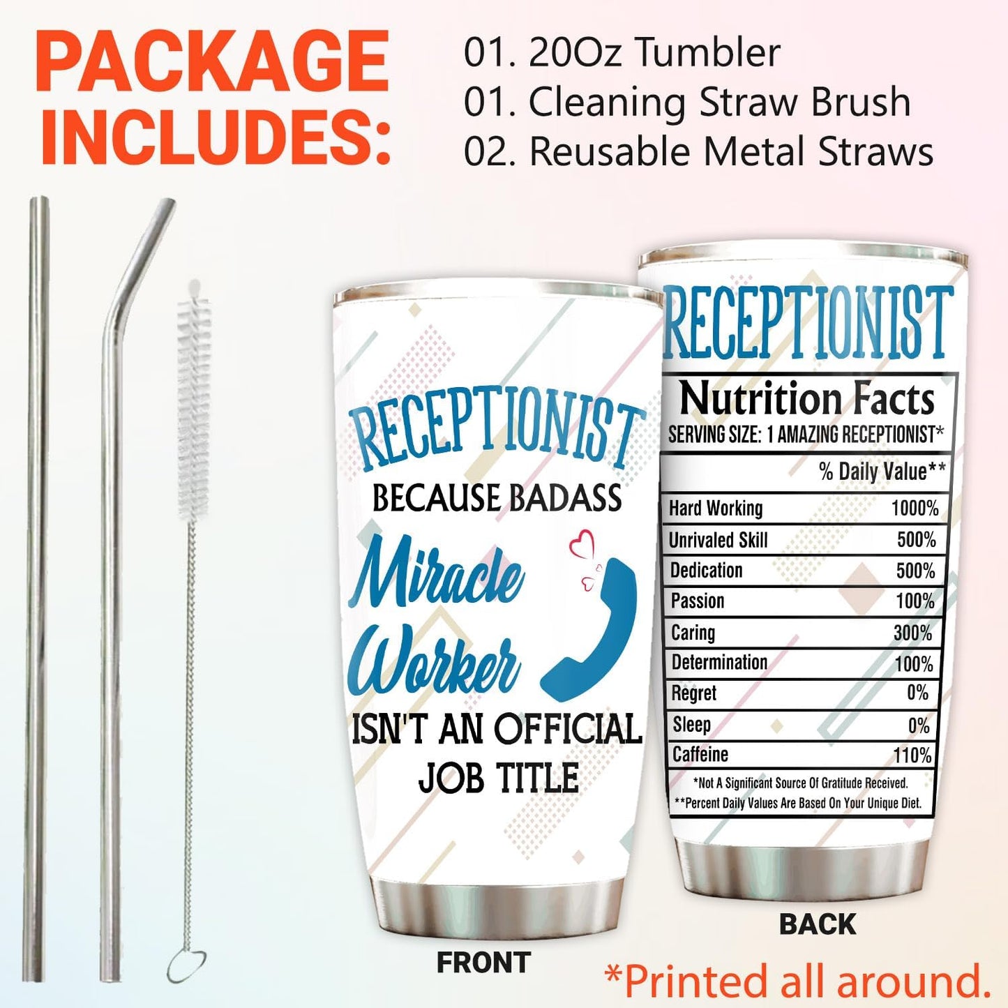 Office Tumbler Stainless Steel 20oz Straw Lid, Funny Front Desk Gifts Bulk For Birthday Christmas, National Receptionists Day Gifts For Women Men Coffee Cup