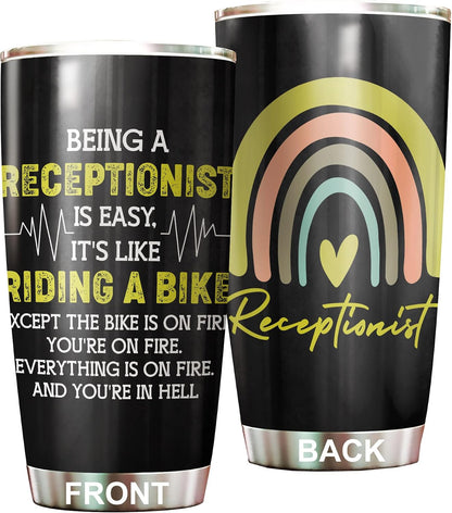 Office Tumbler Stainless Steel 20oz Straw Lid, Funny Front Desk Gifts Bulk For Birthday Christmas, National Receptionists Day Gifts For Women Men Coffee Cup