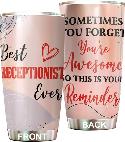 Office Tumbler Stainless Steel 20oz Straw Lid, Funny Front Desk Gifts Bulk For Birthday Christmas, National Receptionists Day Gifts For Women Men Coffee Cup