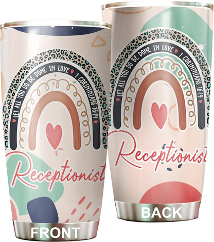 Office Tumbler Stainless Steel 20oz Straw Lid, Funny Front Desk Gifts Bulk For Birthday Christmas, National Receptionists Day Gifts For Women Men Coffee Cup