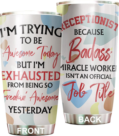Office Tumbler Stainless Steel 20oz Straw Lid, Funny Front Desk Gifts Bulk For Birthday Christmas, National Receptionists Day Gifts For Women Men Coffee Cup