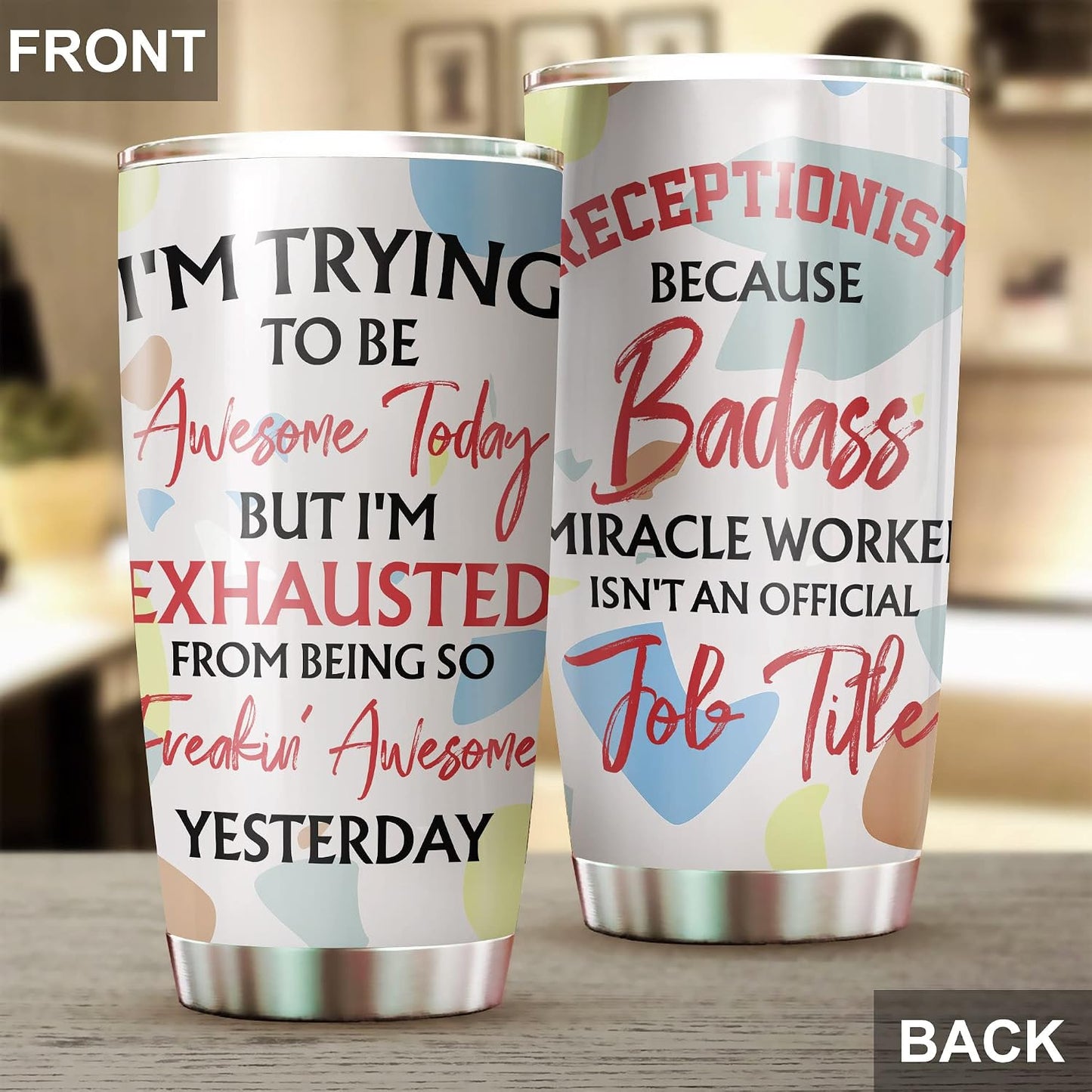 Office Tumbler Stainless Steel 20oz Straw Lid, Funny Front Desk Gifts Bulk For Birthday Christmas, National Receptionists Day Gifts For Women Men Coffee Cup