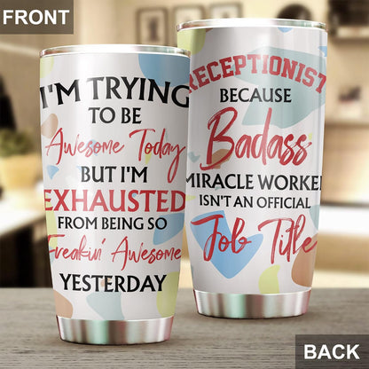 Office Tumbler Stainless Steel 20oz Straw Lid, Funny Front Desk Gifts Bulk For Birthday Christmas, National Receptionists Day Gifts For Women Men Coffee Cup