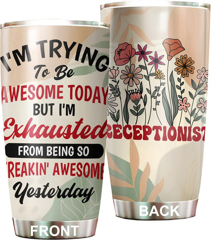 Office Tumbler Stainless Steel 20oz Straw Lid, Funny Front Desk Gifts Bulk For Birthday Christmas, National Receptionists Day Gifts For Women Men Coffee Cup
