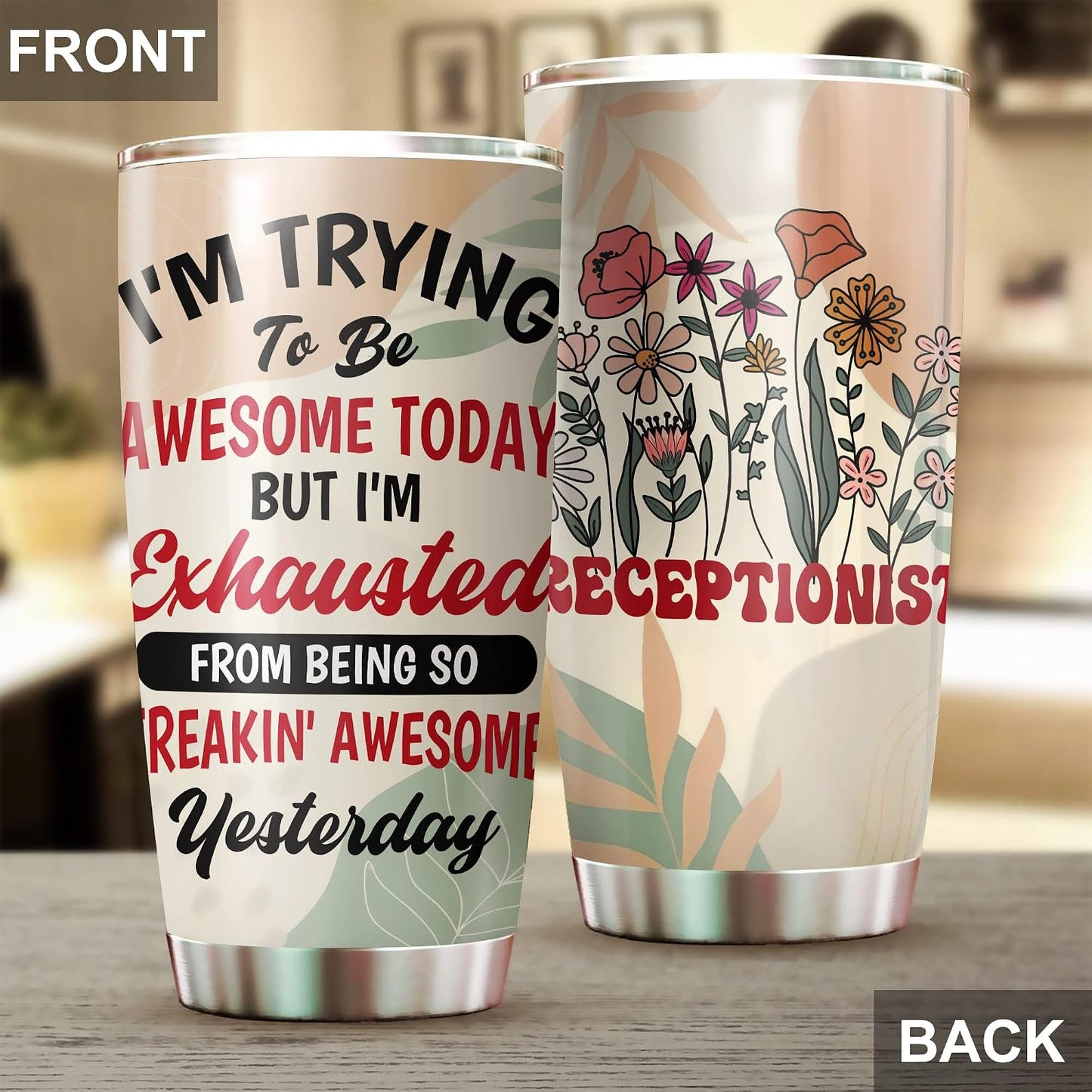 Office Tumbler Stainless Steel 20oz Straw Lid, Funny Front Desk Gifts Bulk For Birthday Christmas, National Receptionists Day Gifts For Women Men Coffee Cup