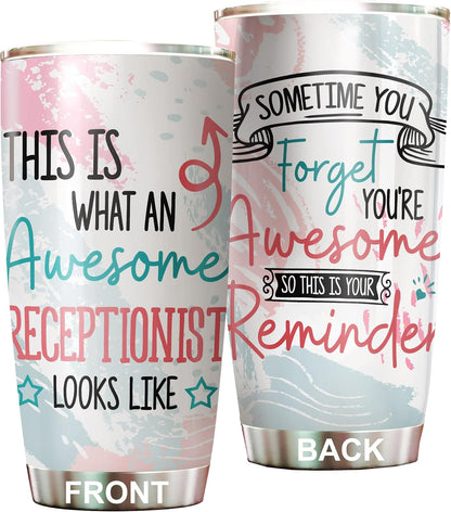 Office Tumbler Stainless Steel 20oz Straw Lid, Funny Front Desk Gifts Bulk For Birthday Christmas, National Receptionists Day Gifts For Women Men Coffee Cup