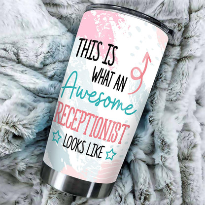 Office Tumbler Stainless Steel 20oz Straw Lid, Funny Front Desk Gifts Bulk For Birthday Christmas, National Receptionists Day Gifts For Women Men Coffee Cup