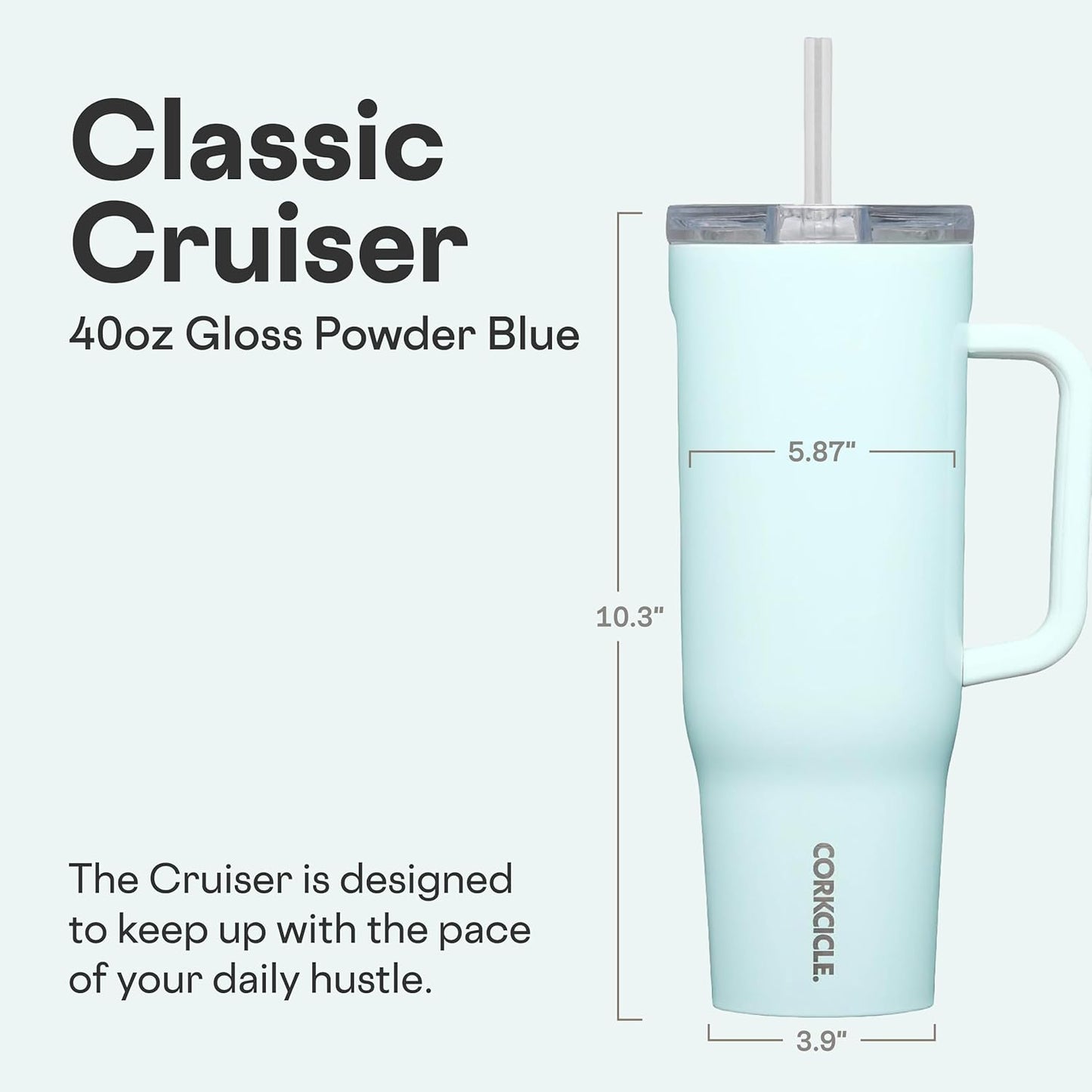 Cruiser Insulated Tumbler - Keeps Drinks Cold 20 Hours - Triple-Insulated Stainless Steel - Spill-Proof Lid - Summer Drinkware Gift - Keeps Drinks Ice Cold - 40 oz - Gloss Powder Blue