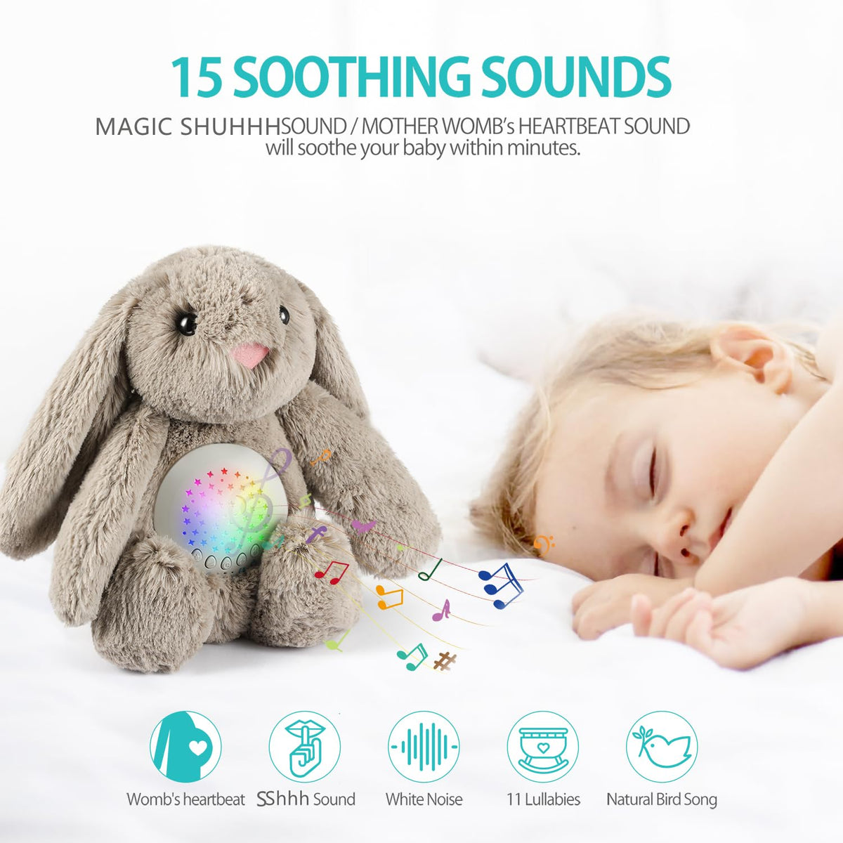 A13 White Noise Machine & Baby Sleep Soother with 15 Soothing Sounds & Projector Night Light Music Box, Cry Sensor, Rechargeable, Portable for Newborns, Toddlers, Attaches to Crib