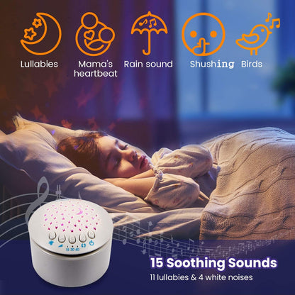 A13 White Noise Machine & Baby Sleep Soother with 15 Soothing Sounds & Projector Night Light Music Box, Cry Sensor, Rechargeable, Portable for Newborns, Toddlers, Attaches to Crib