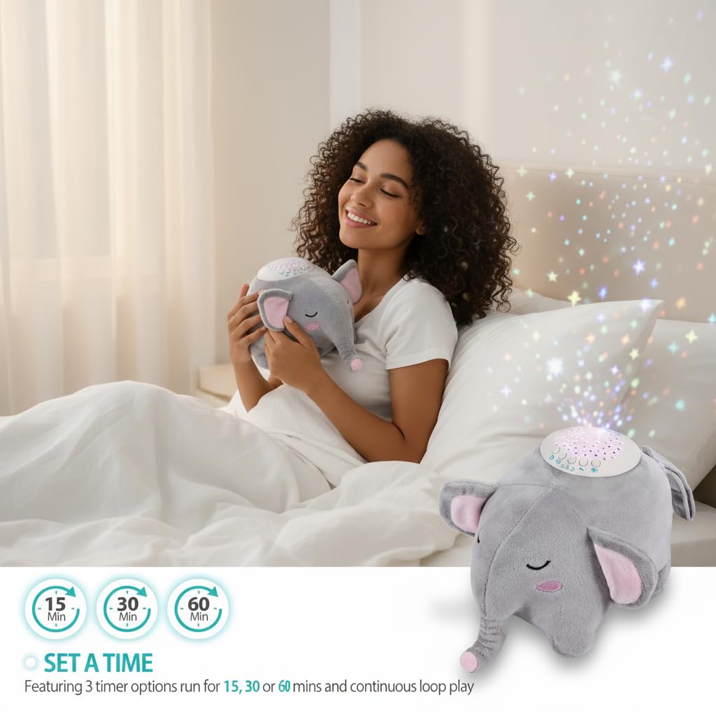A13 White Noise Machine & Baby Sleep Soother with 15 Soothing Sounds & Projector Night Light Music Box, Cry Sensor, Rechargeable, Portable for Newborns, Toddlers, Attaches to Crib