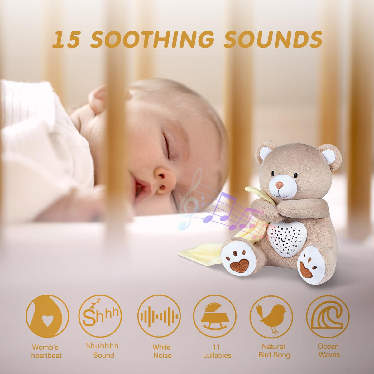 A13 White Noise Machine & Baby Sleep Soother with 15 Soothing Sounds & Projector Night Light Music Box, Cry Sensor, Rechargeable, Portable for Newborns, Toddlers, Attaches to Crib
