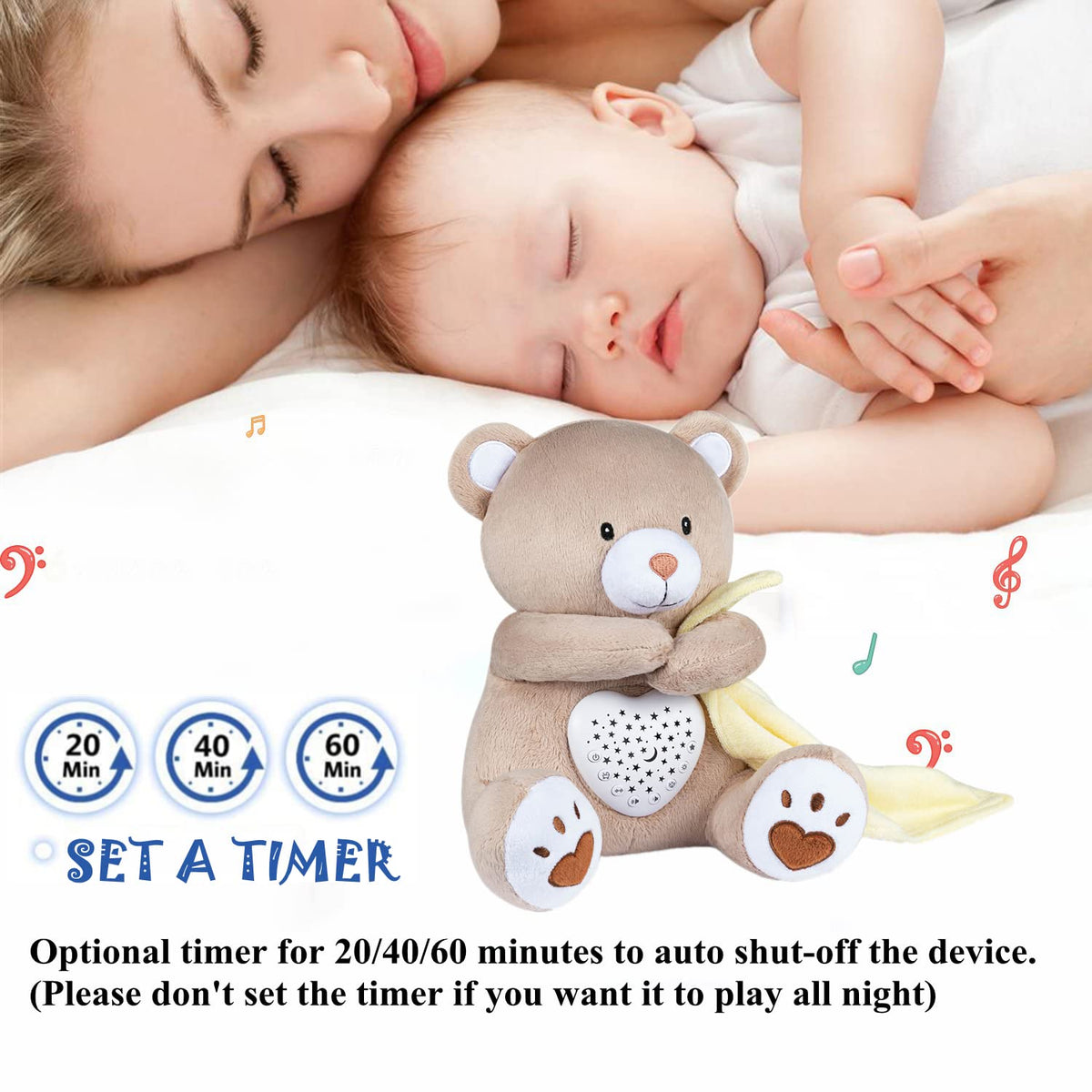 A13 White Noise Machine & Baby Sleep Soother with 15 Soothing Sounds & Projector Night Light Music Box, Cry Sensor, Rechargeable, Portable for Newborns, Toddlers, Attaches to Crib