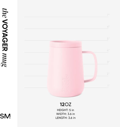 Voyager Signature Mug | Travel Coffee Tumbler with 360° Lid and Handle | Ceramic-Lined Insulated Stainless Steel Iced Cold Brew Cup | 12oz, Blush