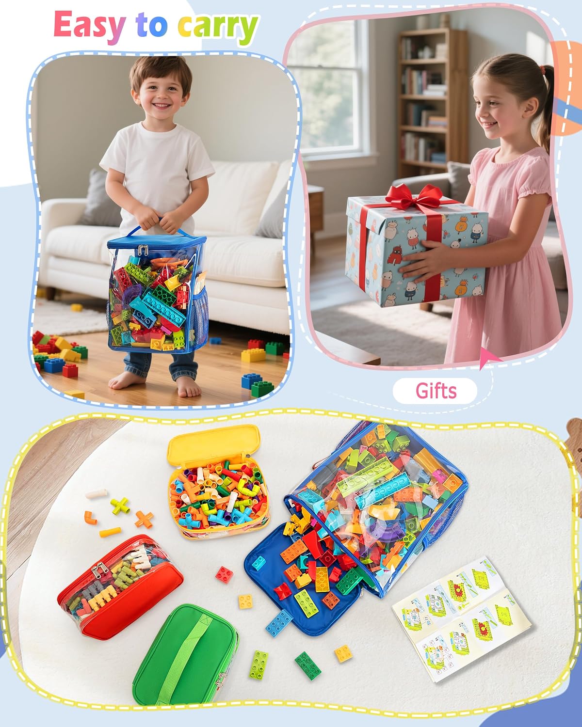 4 Pack Toy Storage Bags with Clear Windows, Toy Organizer Case
