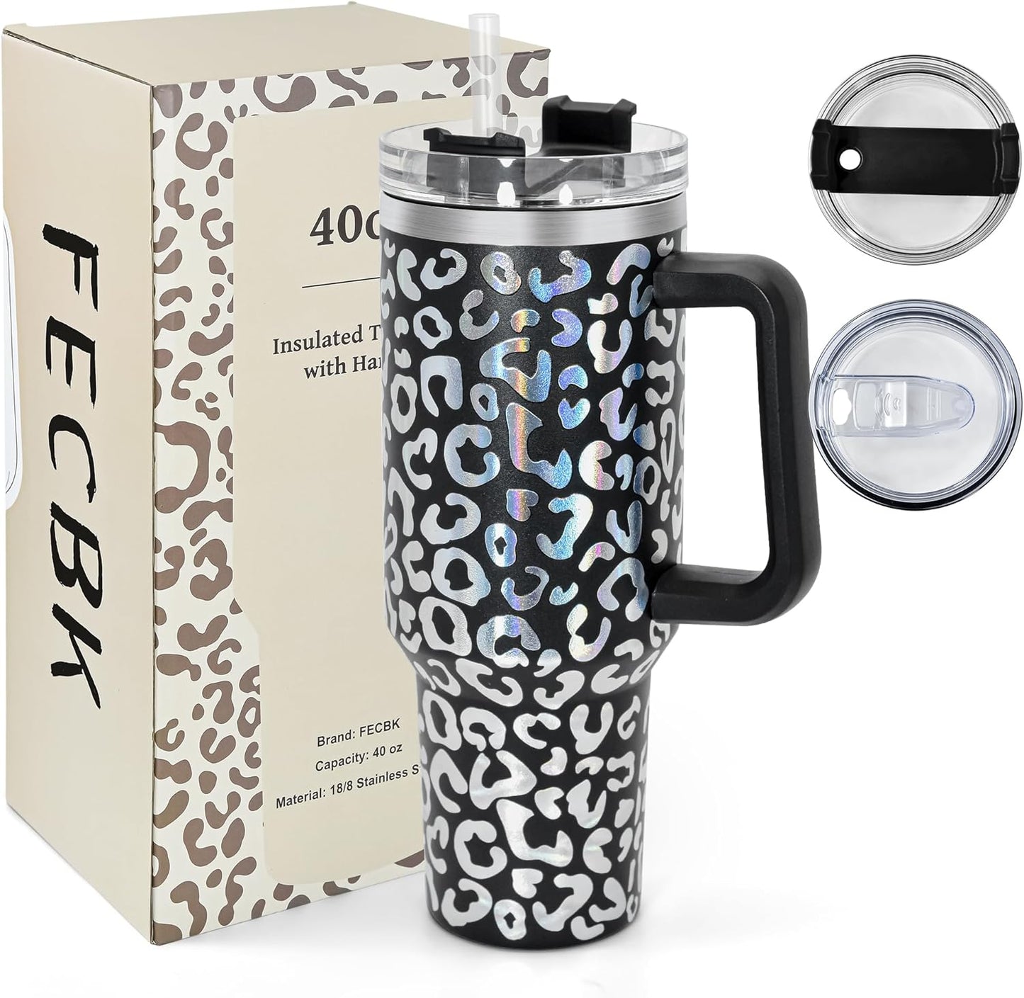 40 oz Tumbler with Handle and Straw, 100% Leak-Proof Travel Mug, Stainless Steel Double Wall Vacuum Insulated Coffee Cup Keeps Cold For 34 Hours, Dishwasher Safe, White Leopard