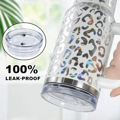 40 oz Tumbler with Handle and Straw, 100% Leak-Proof Travel Mug, Stainless Steel Double Wall Vacuum Insulated Coffee Cup Keeps Cold For 34 Hours, Dishwasher Safe, White Leopard