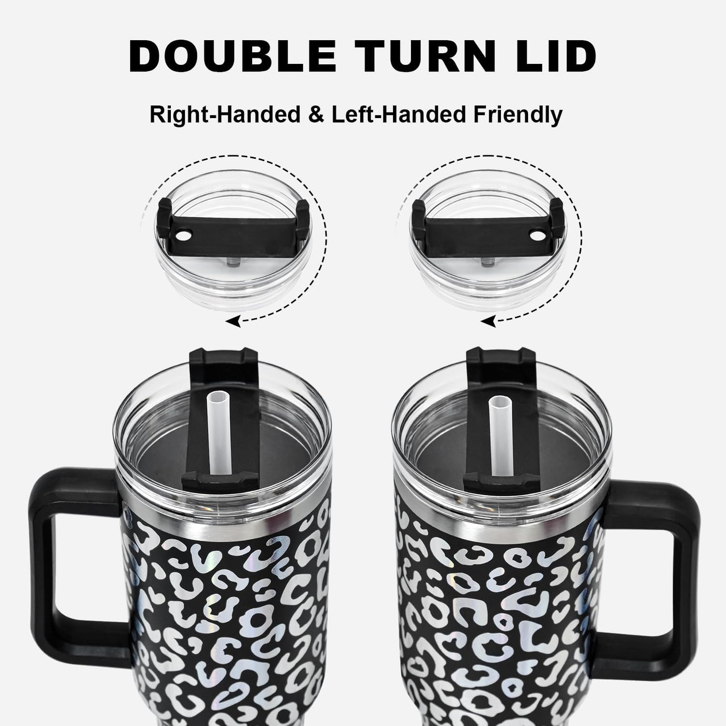 40 oz Tumbler with Handle and Straw, 100% Leak-Proof Travel Mug, Stainless Steel Double Wall Vacuum Insulated Coffee Cup Keeps Cold For 34 Hours, Dishwasher Safe, White Leopard