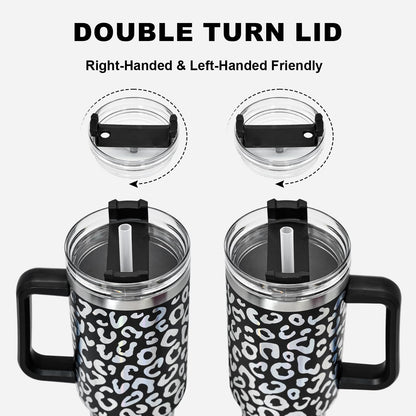 40 oz Tumbler with Handle and Straw, 100% Leak-Proof Travel Mug, Stainless Steel Double Wall Vacuum Insulated Coffee Cup Keeps Cold For 34 Hours, Dishwasher Safe, White Leopard