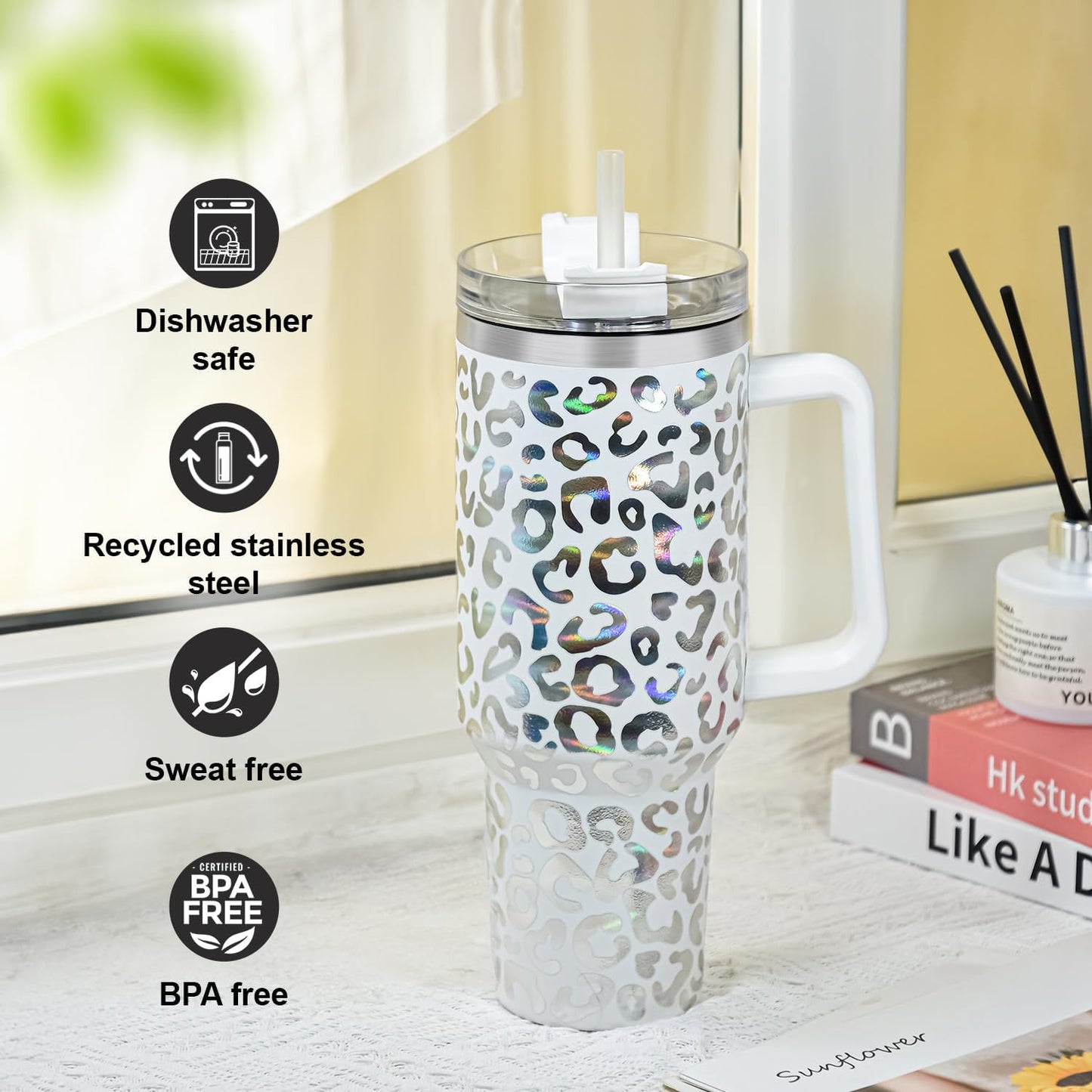 40 oz Tumbler with Handle and Straw, 100% Leak-Proof Travel Mug, Stainless Steel Double Wall Vacuum Insulated Coffee Cup Keeps Cold For 34 Hours, Dishwasher Safe, White Leopard