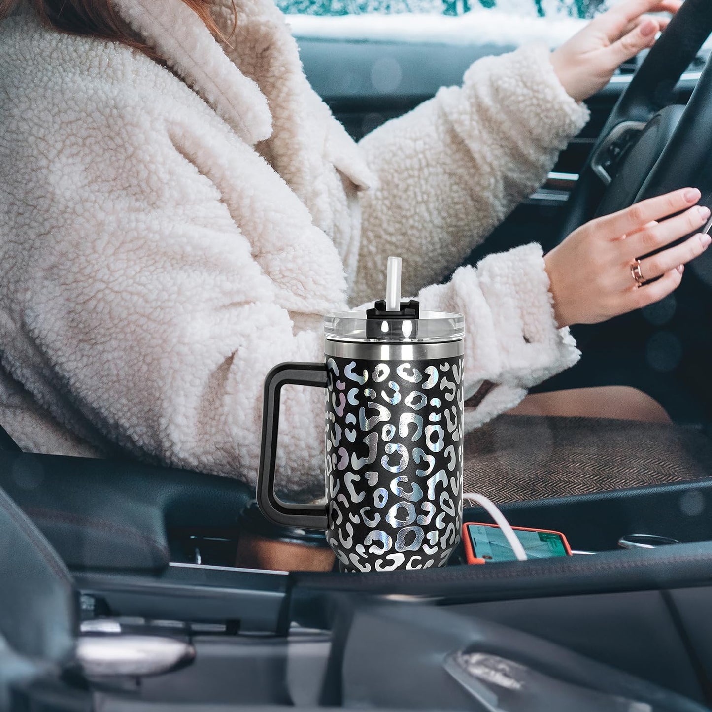40 oz Tumbler with Handle and Straw, 100% Leak-Proof Travel Mug, Stainless Steel Double Wall Vacuum Insulated Coffee Cup Keeps Cold For 34 Hours, Dishwasher Safe, White Leopard