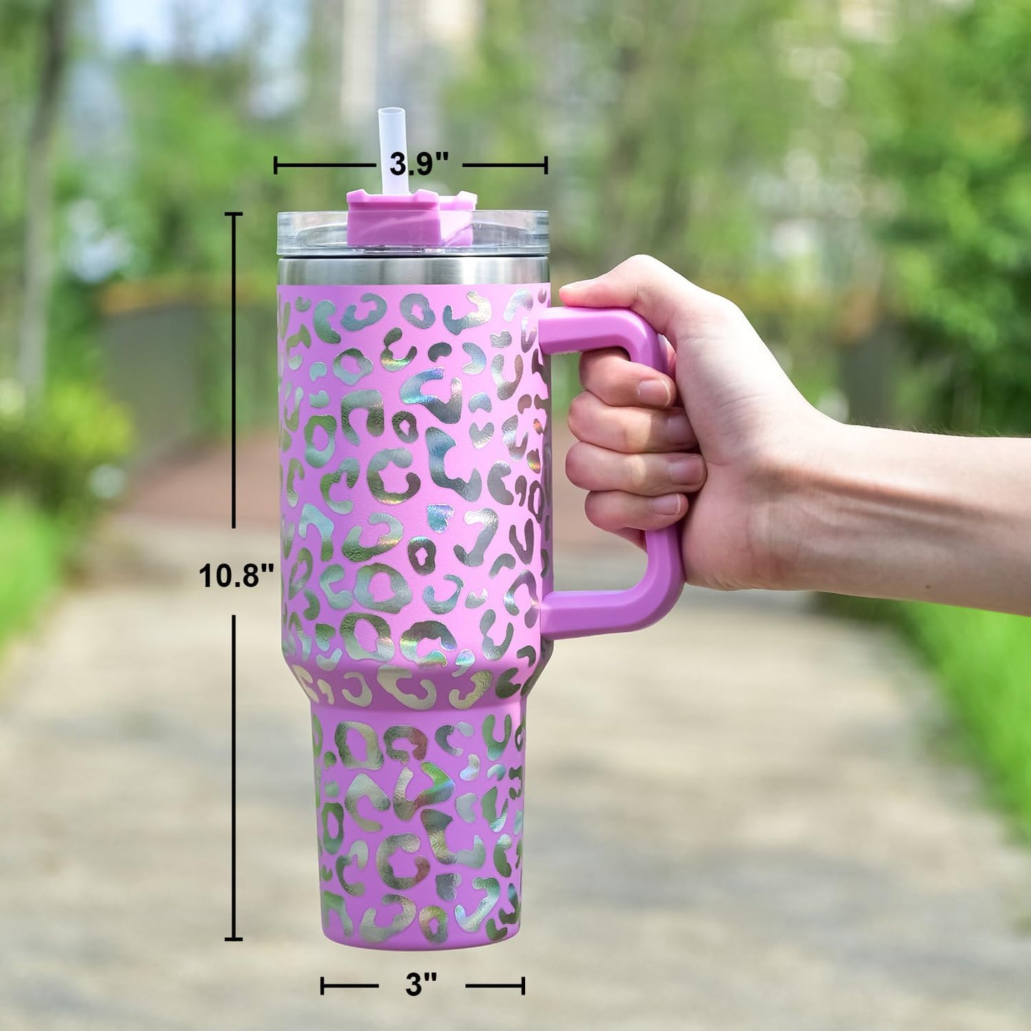 40 oz Tumbler with Handle and Straw, 100% Leak-Proof Travel Mug, Stainless Steel Double Wall Vacuum Insulated Coffee Cup Keeps Cold For 34 Hours, Dishwasher Safe, White Leopard
