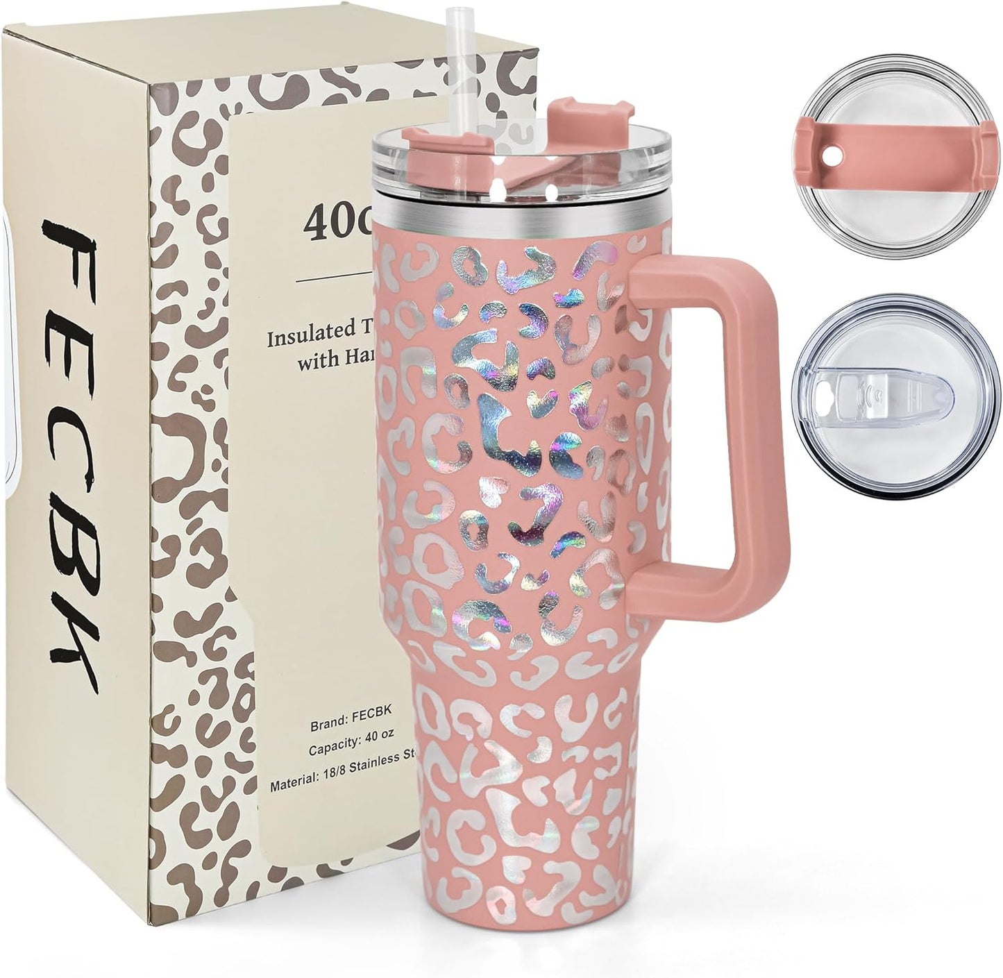 40 oz Tumbler with Handle and Straw, 100% Leak-Proof Travel Mug, Stainless Steel Double Wall Vacuum Insulated Coffee Cup Keeps Cold For 34 Hours, Dishwasher Safe, White Leopard