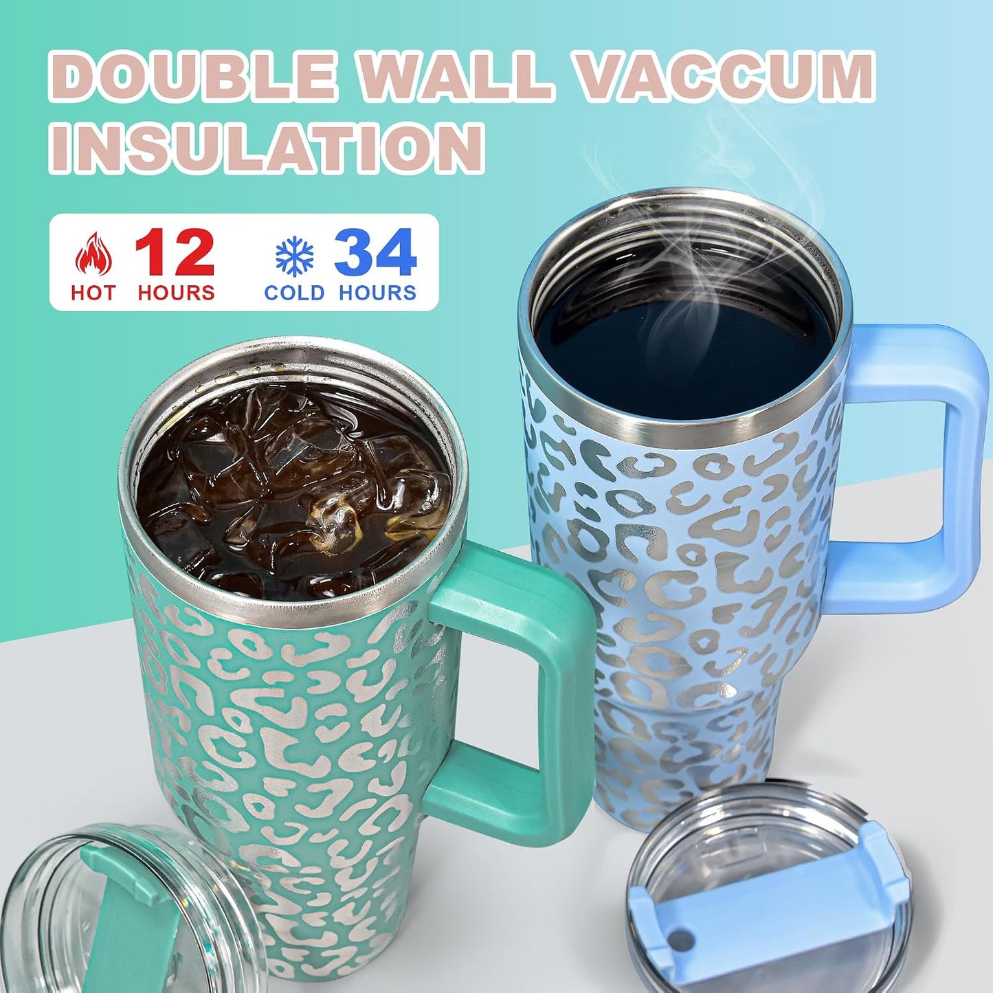 40 oz Tumbler with Handle and Straw, 100% Leak-Proof Travel Mug, Stainless Steel Double Wall Vacuum Insulated Coffee Cup Keeps Cold For 34 Hours, Dishwasher Safe, White Leopard