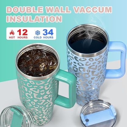 40 oz Tumbler with Handle and Straw, 100% Leak-Proof Travel Mug, Stainless Steel Double Wall Vacuum Insulated Coffee Cup Keeps Cold For 34 Hours, Dishwasher Safe, White Leopard