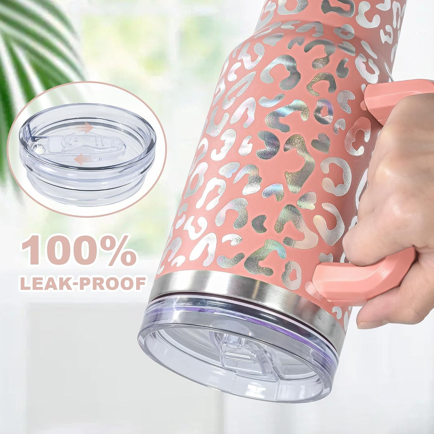 40 oz Tumbler with Handle and Straw, 100% Leak-Proof Travel Mug, Stainless Steel Double Wall Vacuum Insulated Coffee Cup Keeps Cold For 34 Hours, Dishwasher Safe, White Leopard