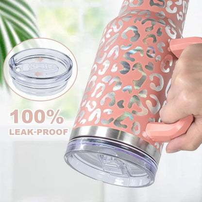 40 oz Tumbler with Handle and Straw, 100% Leak-Proof Travel Mug, Stainless Steel Double Wall Vacuum Insulated Coffee Cup Keeps Cold For 34 Hours, Dishwasher Safe, White Leopard