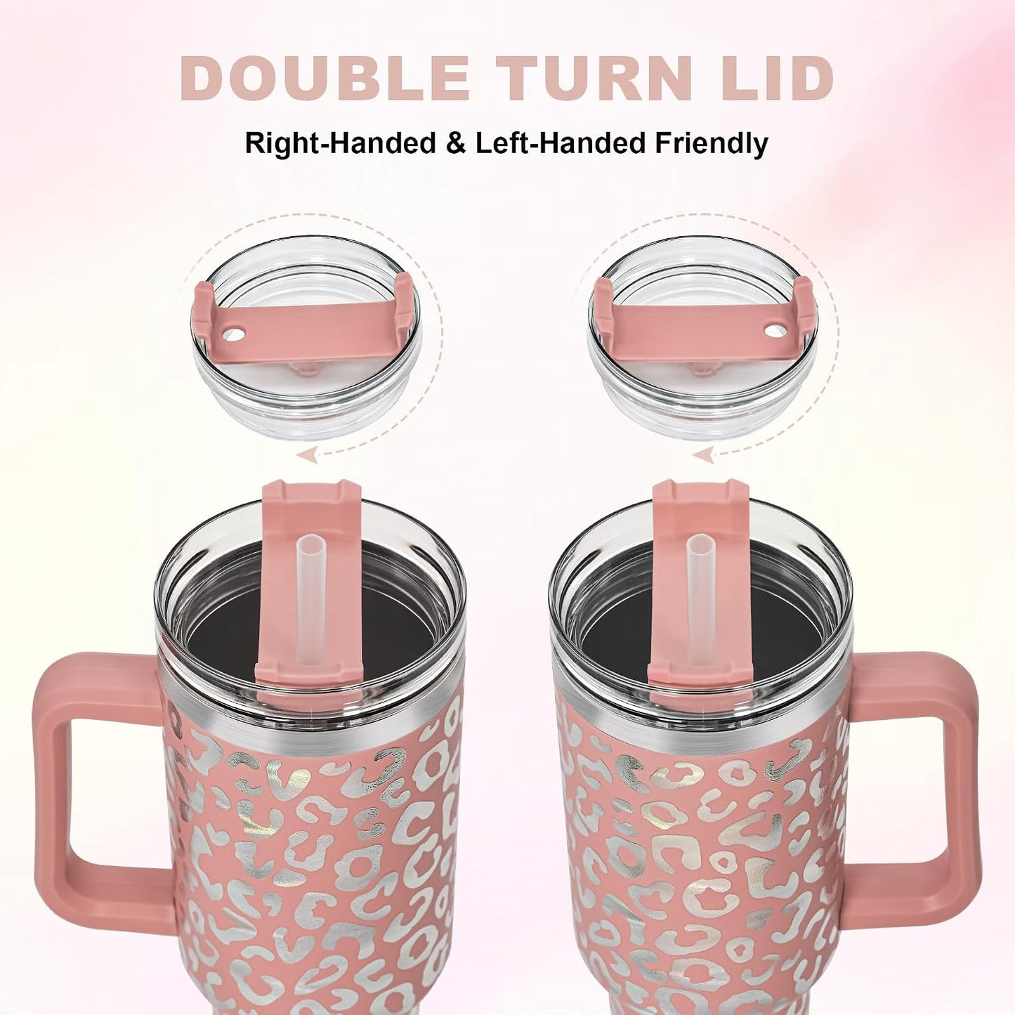 40 oz Tumbler with Handle and Straw, 100% Leak-Proof Travel Mug, Stainless Steel Double Wall Vacuum Insulated Coffee Cup Keeps Cold For 34 Hours, Dishwasher Safe, White Leopard